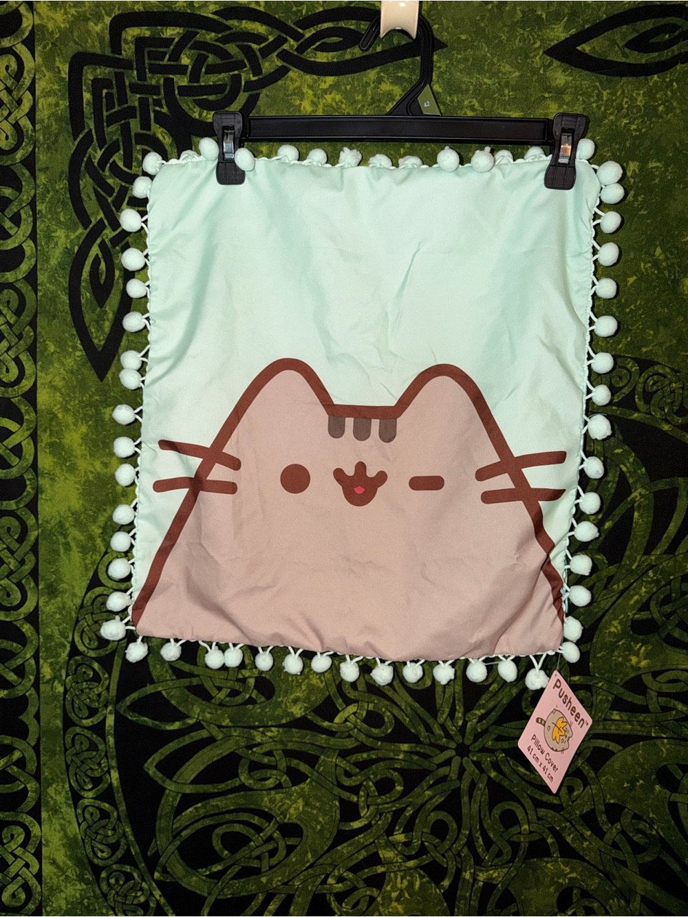 Pusheen Pom-Pom Pillow Cover in Mint
